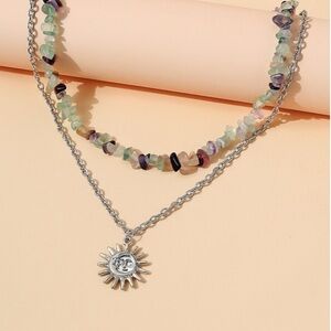 Silver Tone Sun Necklace & Multi Color Stone Beaded Necklace